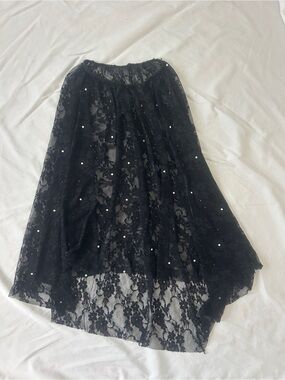 Black Sheer Floral Lace High Low Skirt Rhinestone Embellished Goth Grunge / XS